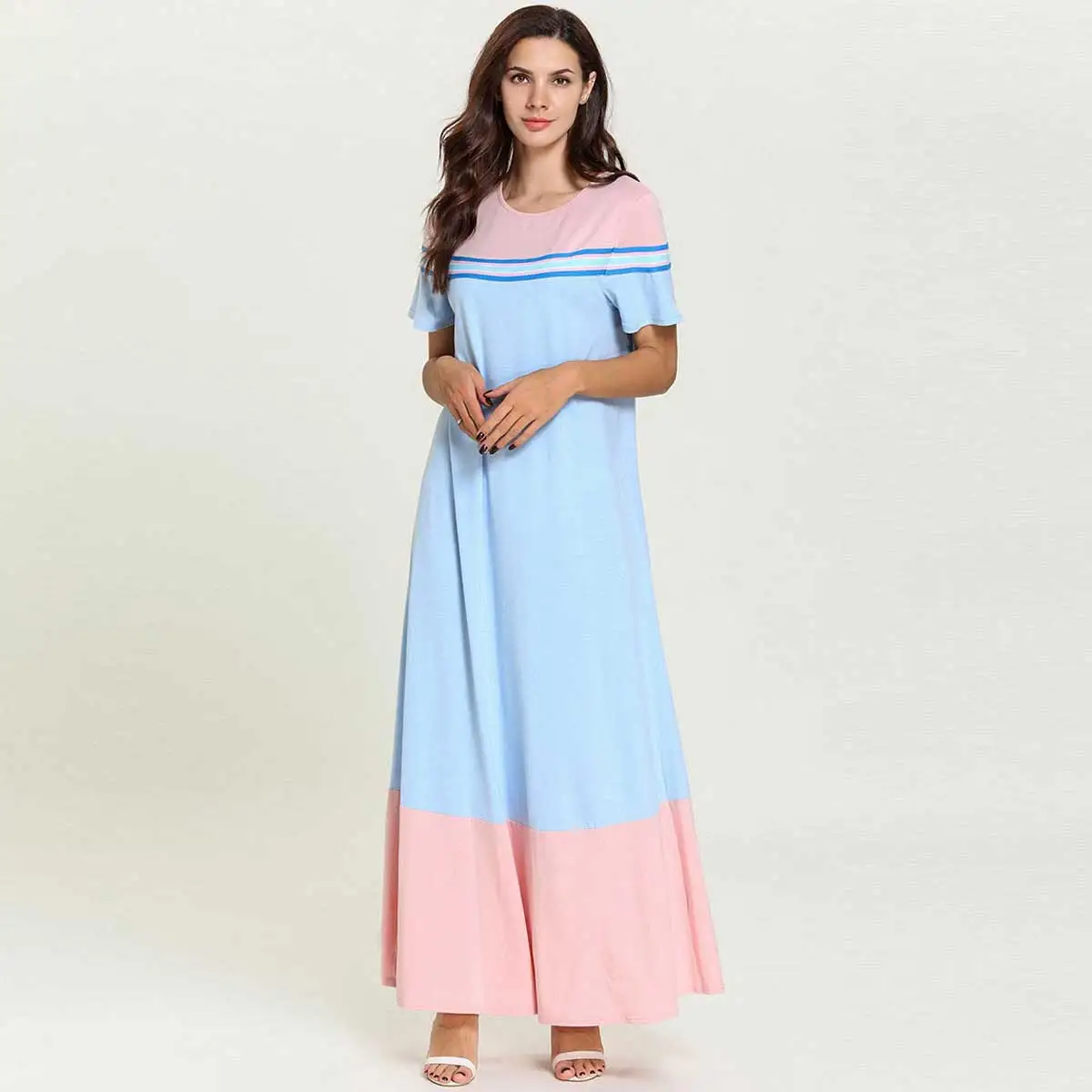 2019 летнее цветное лоскутное платье макси плюс размер женское мусульманское abaya короткий рукав кафтан мусульманская одежда для Дубай ОАЭ
