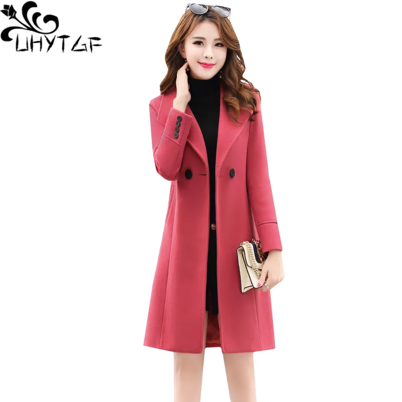 

UHYTGF 2019 New Plus size coats Women's Fashion Korean Autumn Winter Woolen Coat Thin double-breasted slim long wool jacket 1182