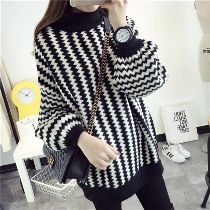 Women Turtleneck Sweaters Knitted Black White Striped Lantern Sleeve Oversized Pullover Luxury Casual Winter Sweater