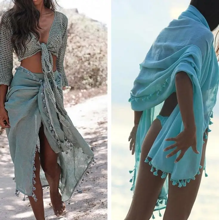 

2019 Sexy Beach Cover Ups Tassel Wrap Skirt Bikinis Swimsuit Female Swimwear Women Solid Pareo Summer Beach Wear Chiffon Sarongs