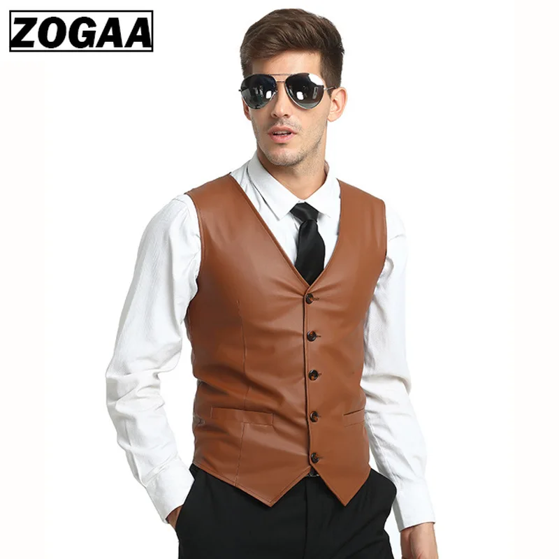 

ZOGGA Vest Men 2019 Spring Solid Color PU Leather Business Vest Fashion Casual Tide Men Single Breasted Simple Sleeveless Vest
