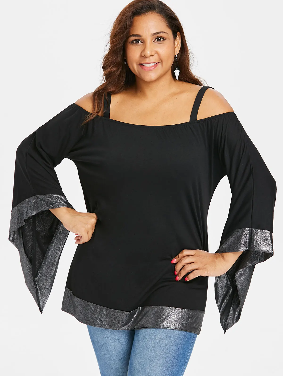 Lortalen Casual Plus Size Flare Sleeve Tunic Top Women T Shirts Femme 2019 Glitter Detail Cold 