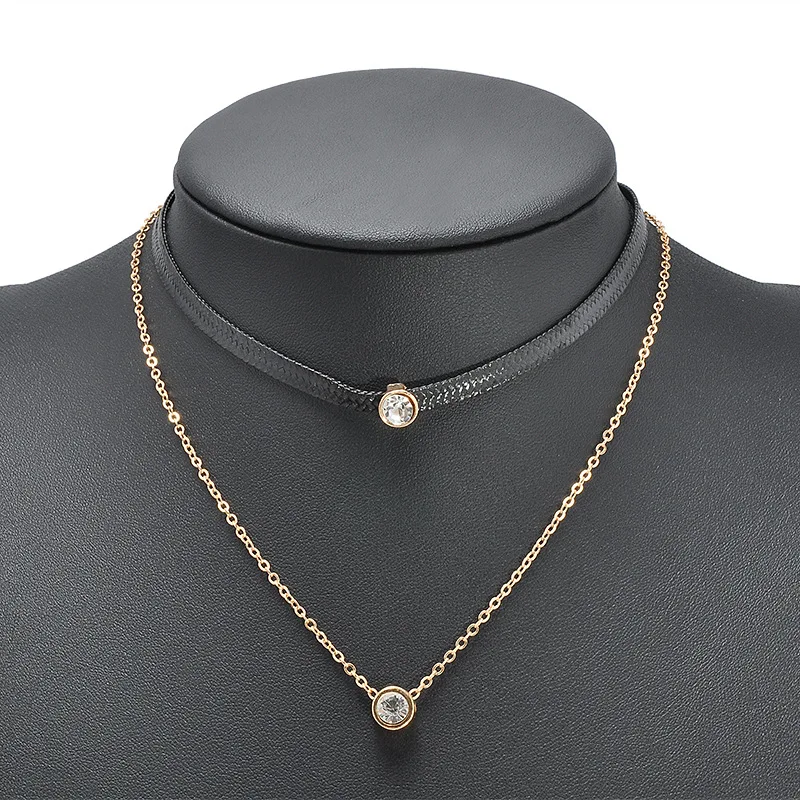 Многослойные черный Кожаный Ремешок Chocker ожерелье Горный Хрусталь Ожерелье
