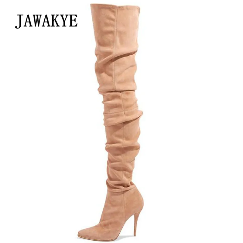 

2019 Nude Sexy Over The Knee Boots Women Pointed Toe grey Black Suede High Heel Boots Woman Fashion Stretch Thigh Boots