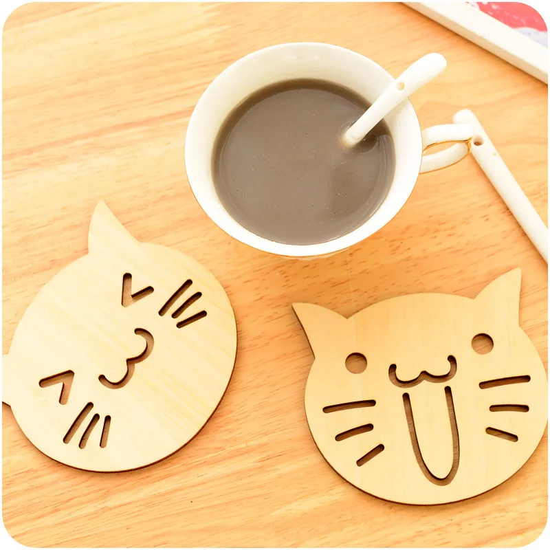 Image 2 PCS Wooden Carved Coasters Table Pad Cartoon Cat Owl Cup Mug Mat Coffee Tea Holder Home Decor Tableware