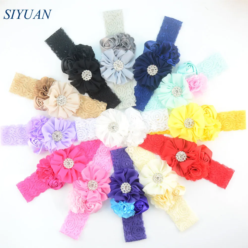 

13pcs/lot Posh Lace Headband Satin Rose Ruffled Chiffon Flower Rhinestone Button Newborn Girl Headwrap Hair Embellishment FD218