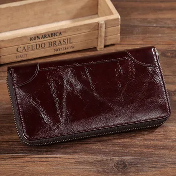 

Men Genuine Leather Wallet Vintage Long Purse Coin Pocket Card Holder Clutch Money Bag Oil Wax Cowhide Bifold Zipper Wallet