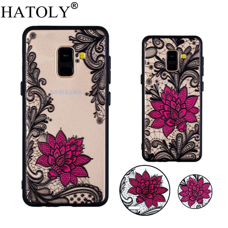 For Samsung Galaxy A8 Plus 2018 Case Lace Floral Phone Cases Black Rose Relief Matte Hard PC Back Cover for |