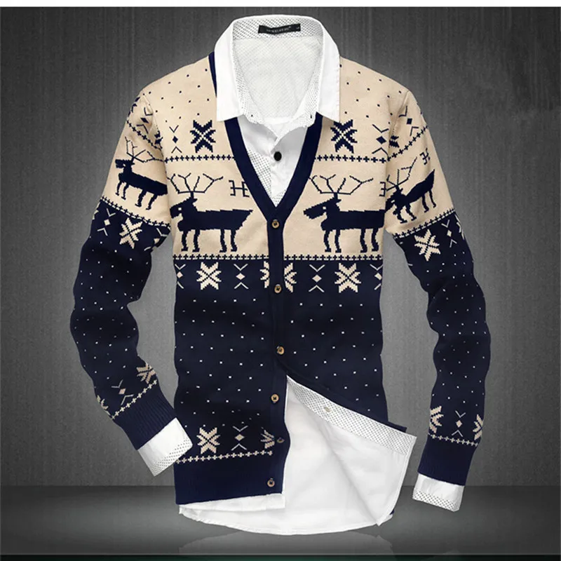 ChristmasCardiganSweatersForMenReindeerSnowflakePrintSingle