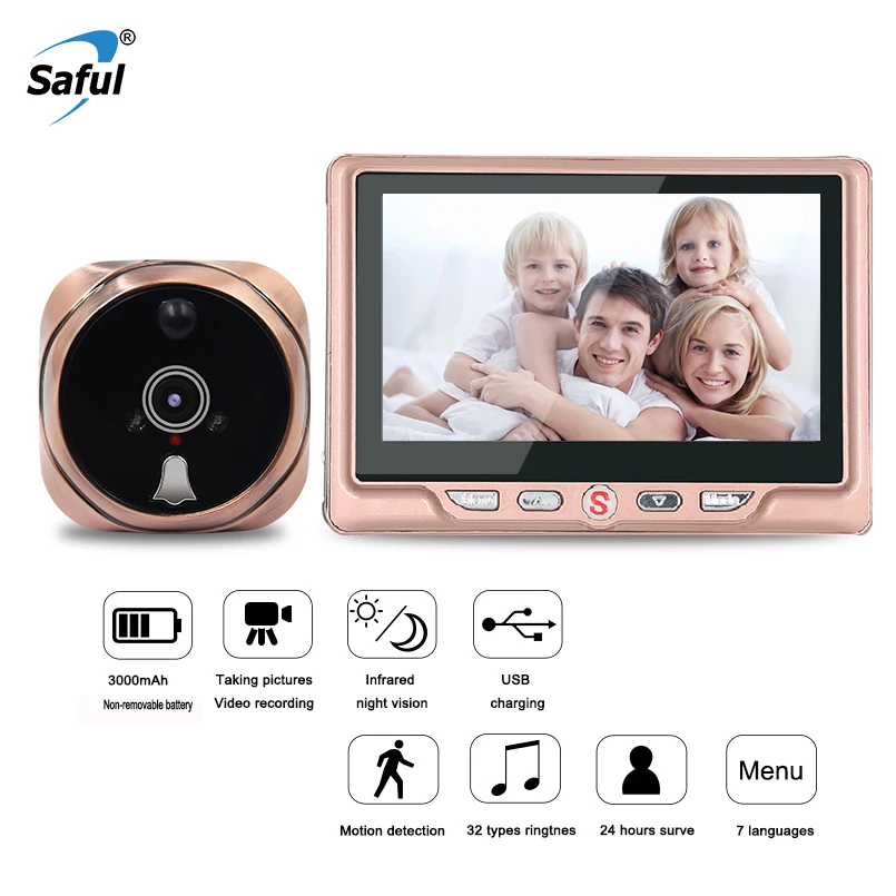 

Saful 3000mAh Wireless Doorbell Video Viewer LED Moniter Screen Video/Photo Recording Video Door bell Door Peephole Camera