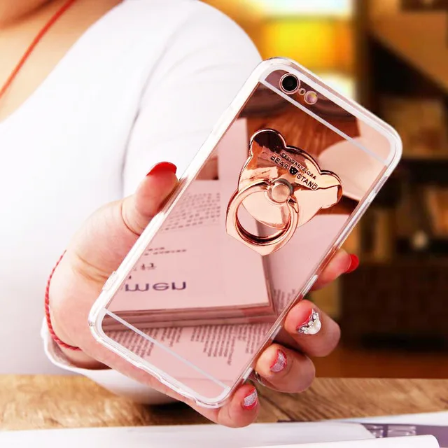 Phone Cases for iphone 7 8 plus 6 6s Luxury Cute Rose Gold Bear Holder Stand Soft TPU Mirror Cover Case for iphone X XS Max XR  4