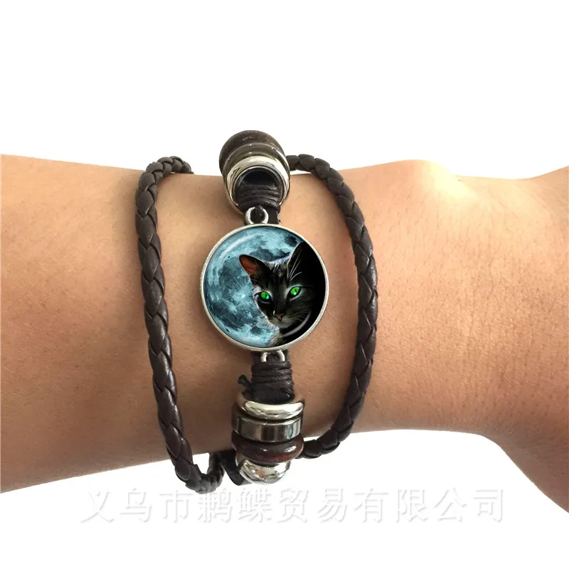 Unique Bracelet Glass Cabochon Black/Brown Leather Bangle Black Cat Picture Vintage Adjustbale For Women Men | Украшения и