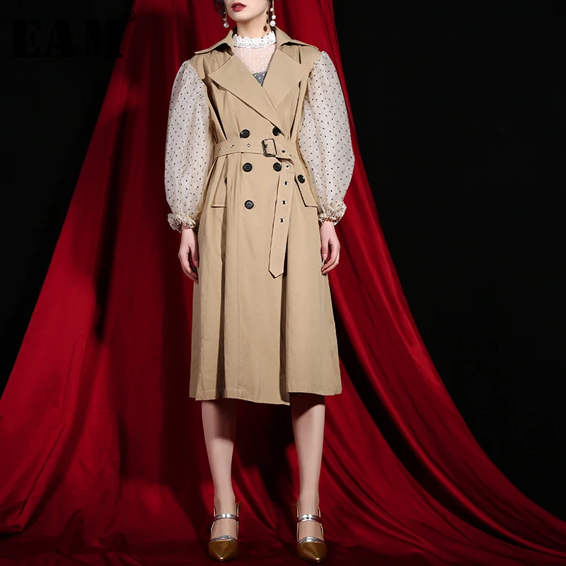 

[EAM] 2019 New Spring Lapel Long Puff Sleeve Sashes Dot Mesh Stitching Loose Long Big Size Windbreaker Women Coat Fashion JH3
