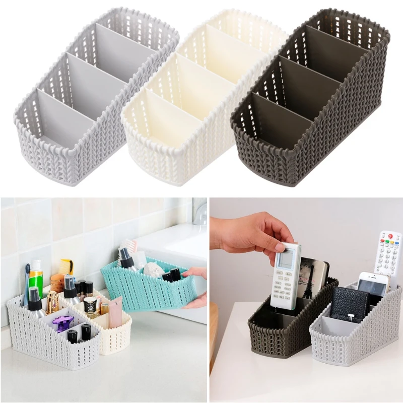 4 Grid Desktop Makeup Storage Box Rattan Basket Remote Stationery