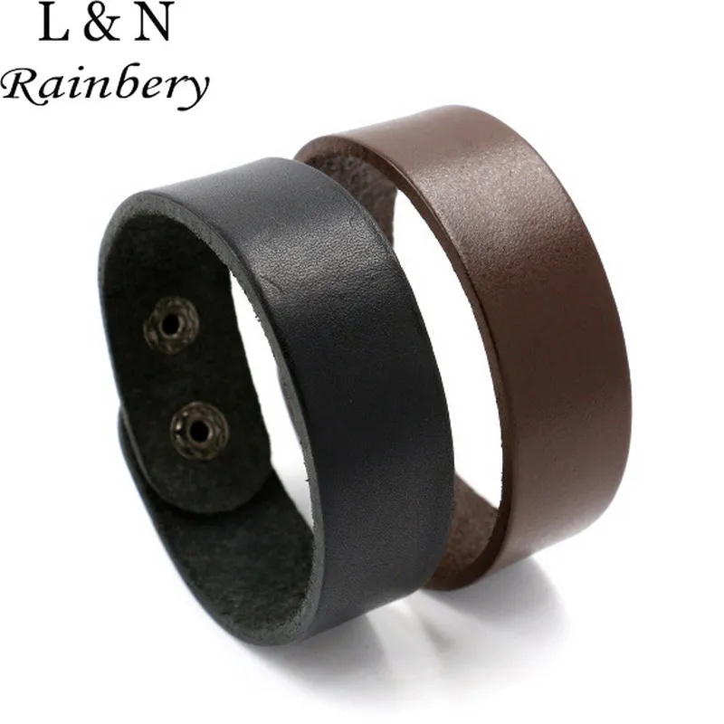 

Rainbery Fashion Black Brown Real Leather Men Bracelet With Simple Snap Clasps New Fashion Jewelry