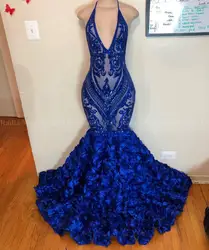 2019 со сверкающими блестками платье с юбкой годе Королевского синего цвета африканские платья для выпускного вечера 3D цветы цветочный