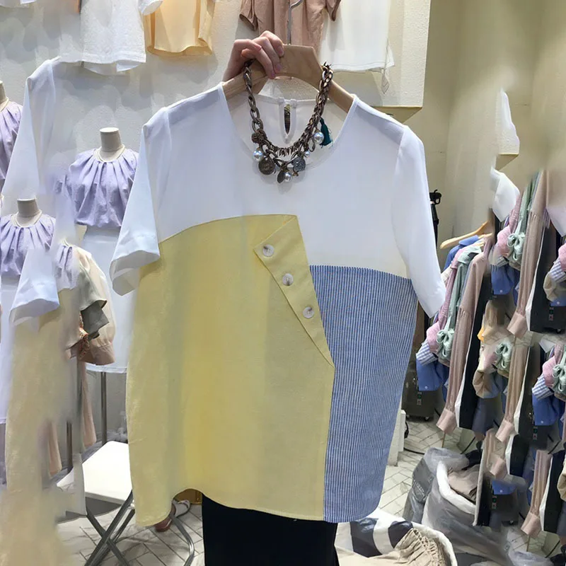 

[EWQ] 2019 Summer New Pattern Fashion Style Loose Large Size Short Sleeve Button Patchwork Round Collar T-shirt AF485