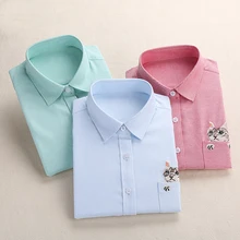 Dioufond Women Embroidery Shirt Cat School Blouses Office Ladies Tops Female Blusas Plus Size Embroidered Work Shirt Autumn 2017