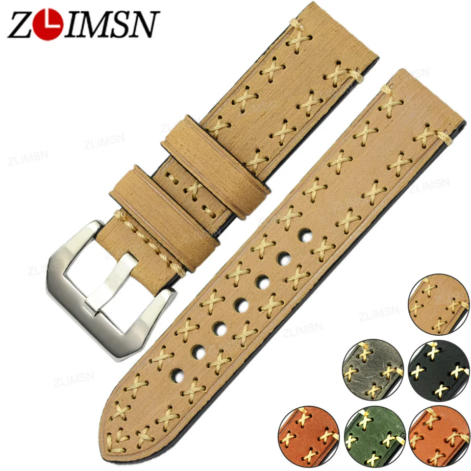 

ZLIMSN Manual Genuine Leather Watch Bands Strap 20 22 24 26mm Yellow Green Grey Brown Belt 316L Stainless Steel Silver Brushed