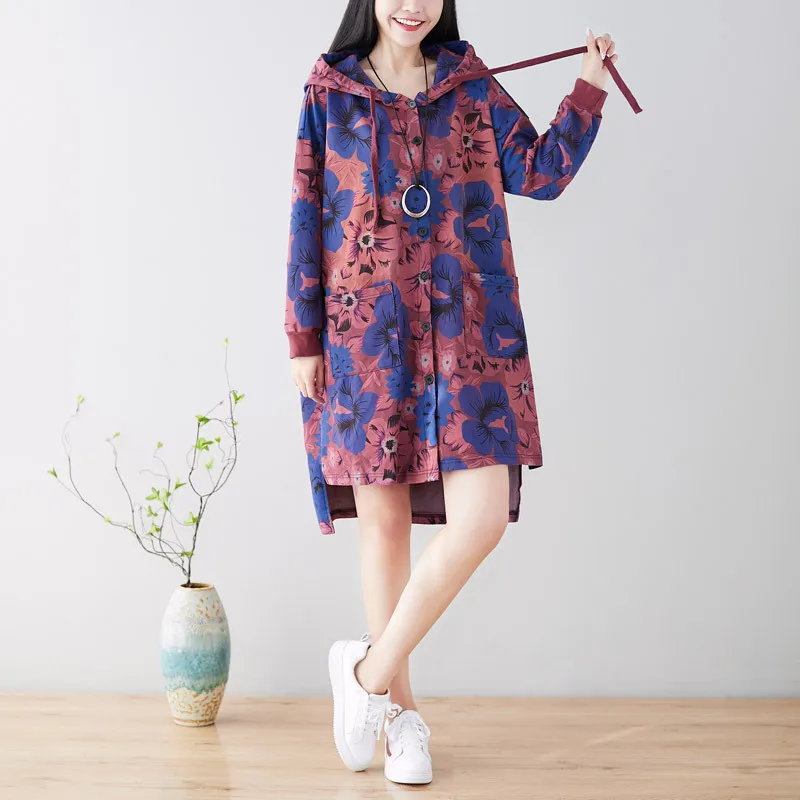 

New arrival vintage printing long windbreaker hooded fashion casual women's large size personality drawstring spring autumn coat