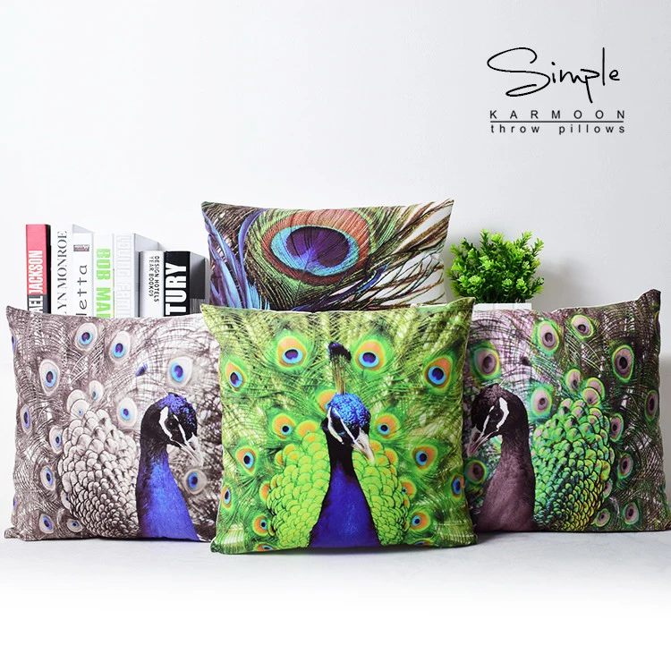 Peacock Cushion Cover Velvet Peacock Feather Throw Pillow Case Colorful