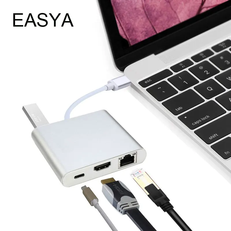 

EASYA 4-in-1 Thunderbolt 3 USB C hub to HDMI Rj45 Gigabit Ethernet Adapter with USB 3.0 Hub USB-C PD Port for Macbook Pro