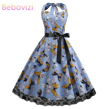 

Bebovizi 2019 Summer Women Slim Halter Butterfly Print Sexy Elegant Party Dresses Casual Office Vintage Plus Size Bandage Dress