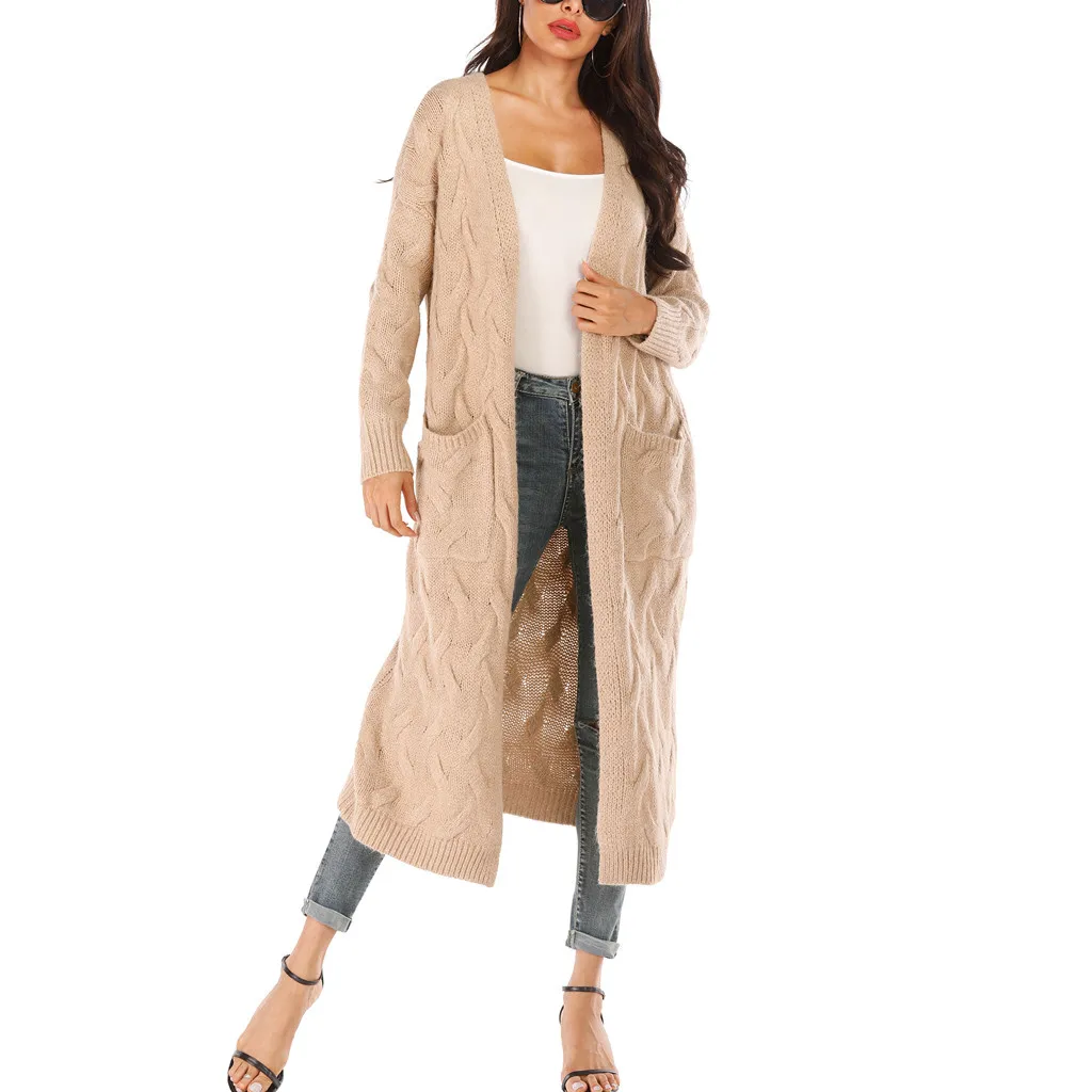 Женский вязаный топ с длинными рукавами, открытый плащ, повседневное пальто, кимоно, кардиган, женский зимний модный длинный карман, свитер