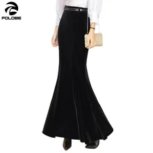 FOLOBE осень-зима теплая макси-юбка Для женщин Винтаж черный бархат Длинная юбка «рыбий хвост» с Бесплатный Пояс Плюс Размеры велюровая юбка