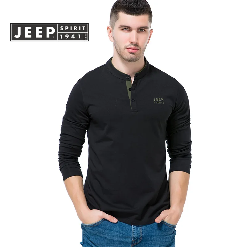 JEEP SPIRIT футболка мужской, с длинными рукавами футболки сплошной дышащий v-образный вырез Мужская хлопчатобумажная футболка Осенняя Военная футболка homme m-xxxl - Цвет: Черный