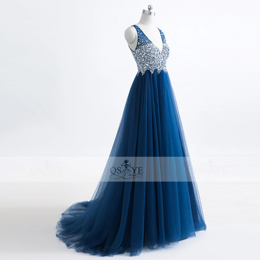 Новые темно-синие длинные платья для выпускного вечера Robe de Soiree сексуальный v-образный вырез тюль, расшитый кристаллами и бисером Формальные Вечерние Нарядные платья для вечеринок