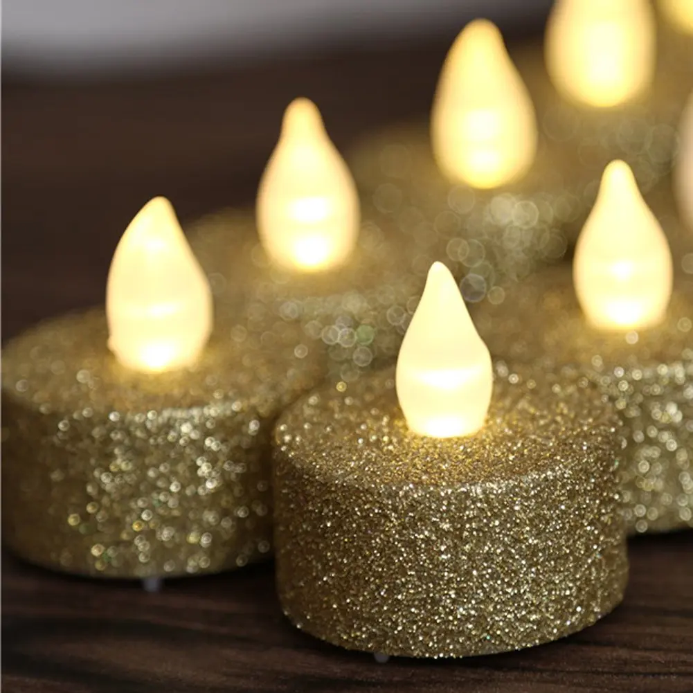 

METABLE Pack of 12 Gold LED Tea Lights, Gold Glitter Flameless Tea Lights For Wedding Festival Christmas Decorations,