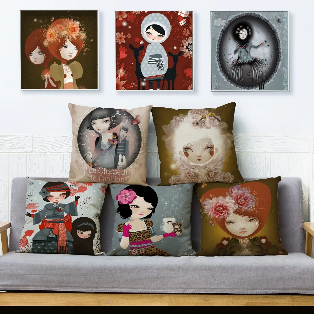 

Cartoon Cute Girl Lady Print Pillow Cover 45*45cm Cushion Cover Beige Linen Throw Pillows Cases Sofa Home Decor Cushion Covers