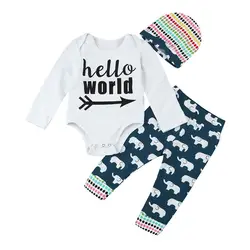 2017 Импортная детская одежда для новорожденных Для маленьких мальчиков комбинезон с надписью + слон Брюки для девочек + шляпа 3 шт. наряд