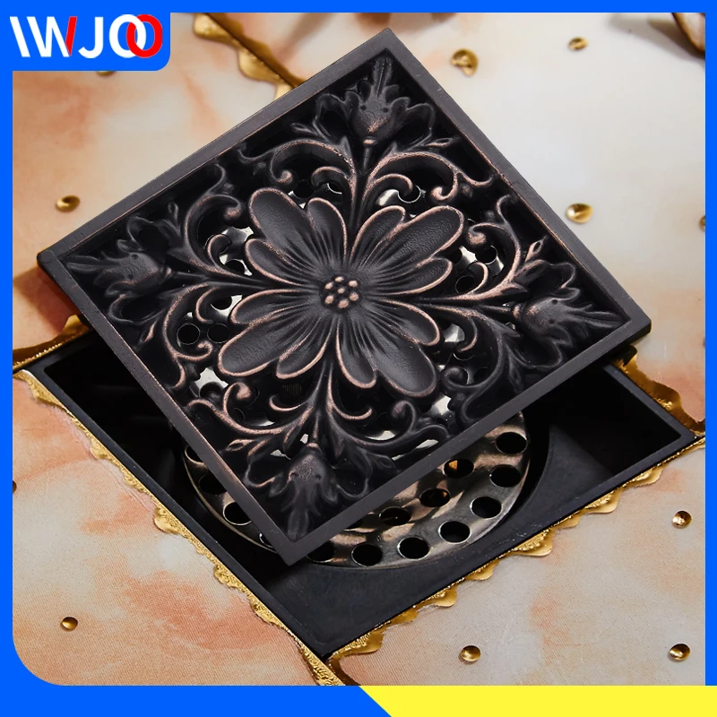 Bathroom Floor Drain Cover Square Peony Pattern Brass Tile Insert Balcony Black Shower Drainer Anti-odor Waste Grates | Обустройство