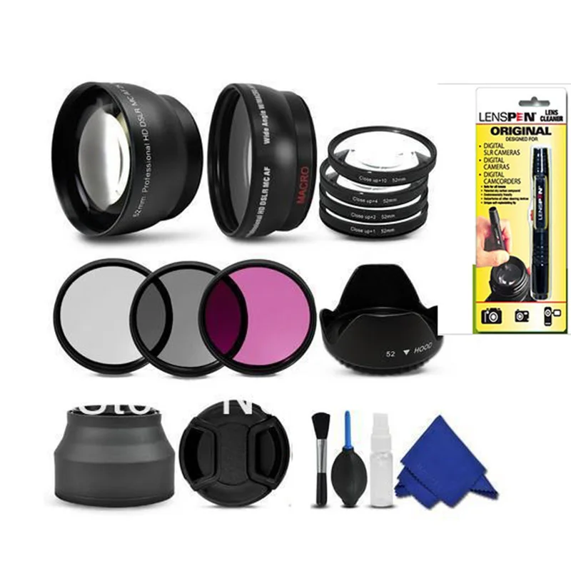 free shipping 52mm Wide Angle Telephoto Lens Filter Kit cleaning kit Accessory for canon nikon pentax sony d3100 d5100 d5300