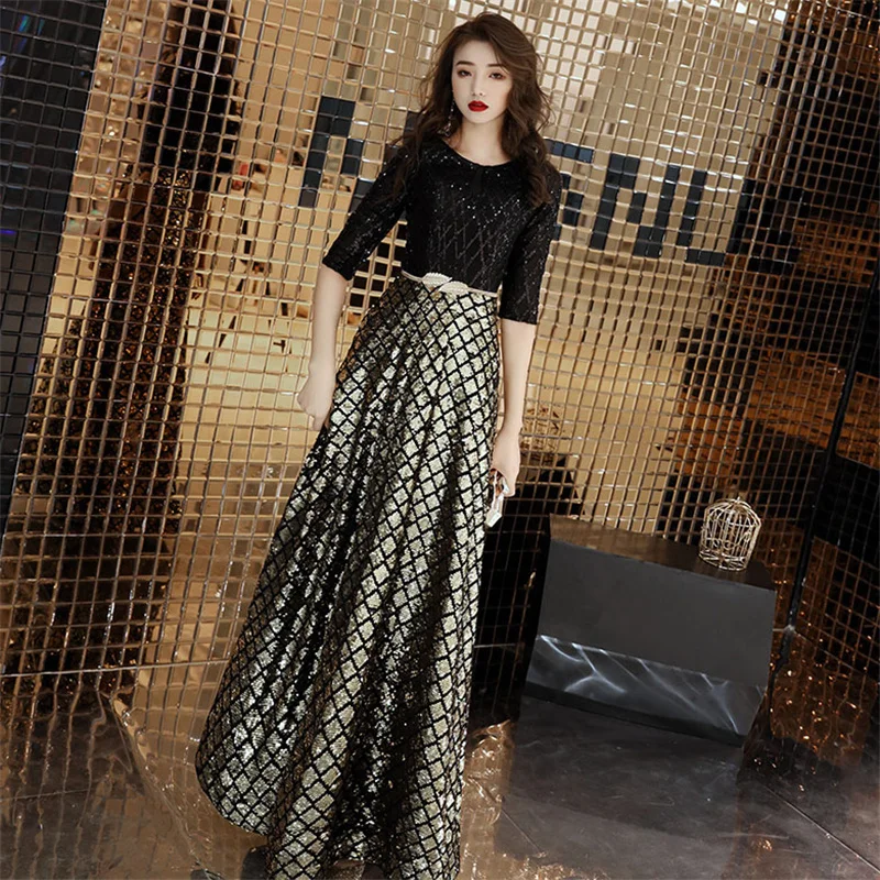 

It's YiiYa Evening Dresses 2019 Black Empire Sequines O-neck Long Women Party Dress Half Sleeve Robe de Soiree Plus Size E469