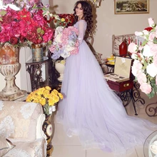 

Sunvary A Line Sweep Peacock Wedding Dress 3/4 Sleeve Beading Purple Bridal Dresses Illusion Lace Full Tulle Skirt Marriage