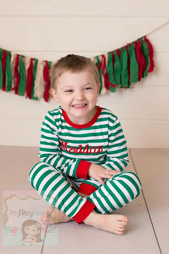 

Girl or Boy Christmas Pajama,Green And White Stripe,Red Trim Pajama,Striped outfit,Infant Romper Monogramed Personalized Pajamas
