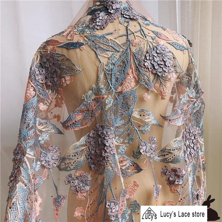 

1 Piece price Rhinestones colorful gown lace Pink, Voilet, Orange, White, Blue 5 colors in stock heavy embroidered 3d lace patch