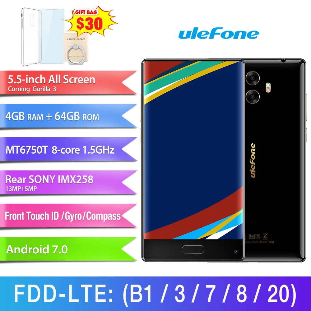 Ulefone MIX 4G мобильный телефон 5.5 дюймов HD MTK6750T Octa core android 7.0 4 ГБ + 64 ГБ сканер отпечатков пальцев 13MP двойная Камера Смартфон