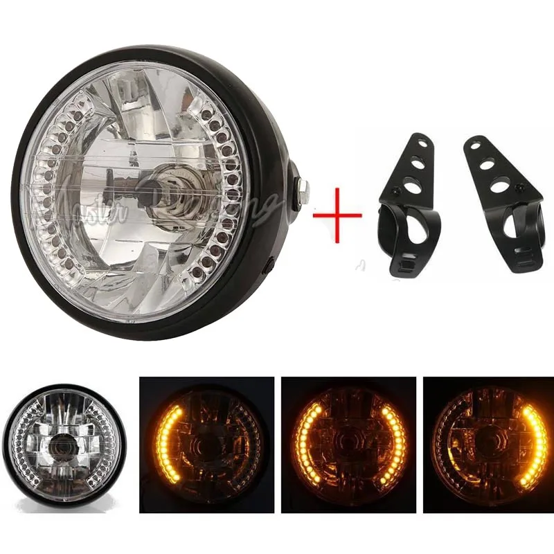 

7" Motorcycle Headlight Amber LEDS 35W H4 Round Headlights Turn Signal Indicators with Head Light Bracket Chopper Cafe Racer