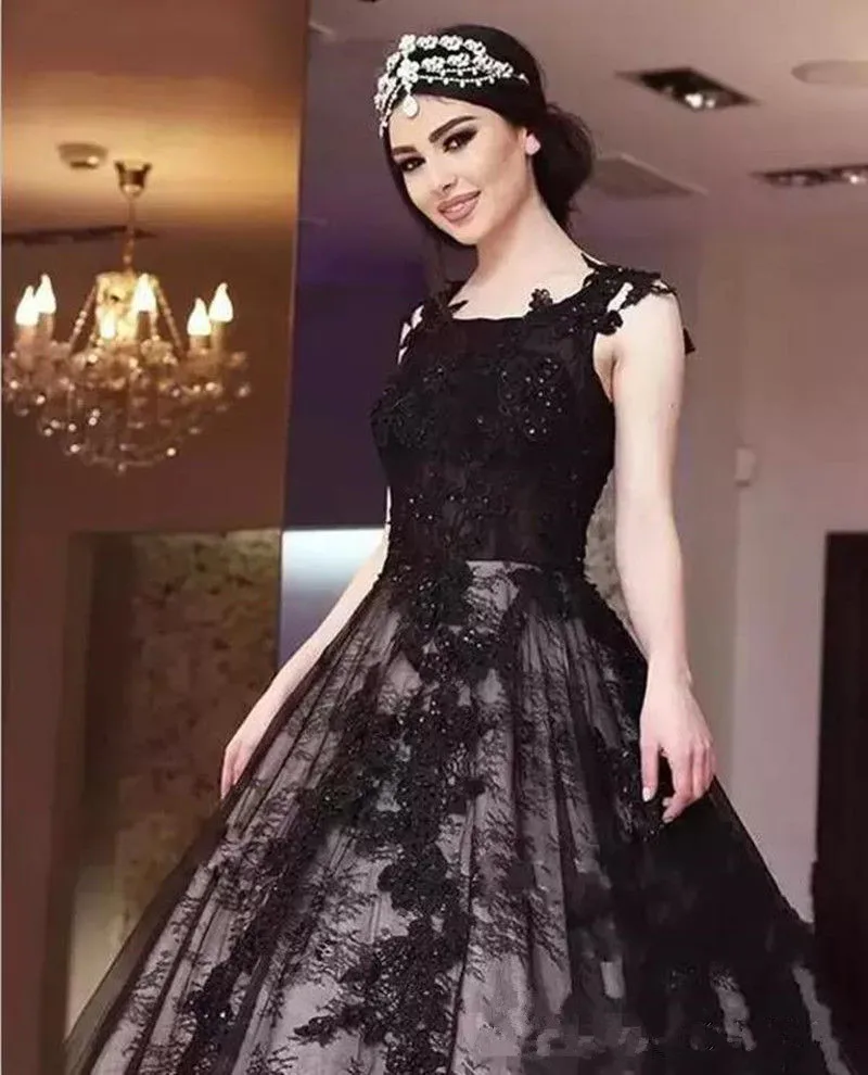 Mejorvendedor Elegante Negro Apliques De Encaje Vestido De Novia Una Linea Espalda Abierta Con Cuentas Gotico De Talla Grande Vestidos De Novia Vestido De Novia September 2020
