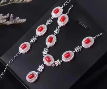 

Natural red coral gem Bracelet Necklace Natural Gemstone Jewelry Set 925 Silver Elegant Clover round wedding girl gift jewelry