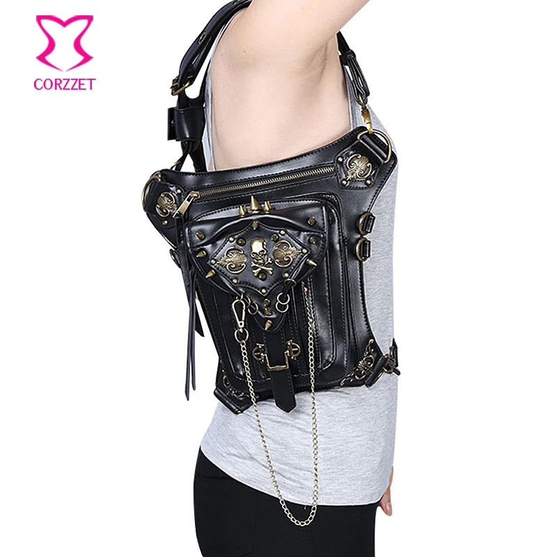 Steampunk Gothic Black Skull Rivet PU Leather Shoulder Bag Women/ Men