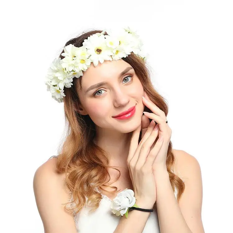 

Cute Bohemia Women White Rose Flower Headband Bride Wedding Party Headhoop Ladies Girl Headdress Beach Headwear Hair Accessories