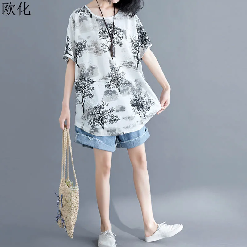 

2019 Summer New Short Sleeve Casual Loose Art Printed Cotton T Shirt Women Plus Size Batwing Big Size Tee Shirt Female Tops 5XL