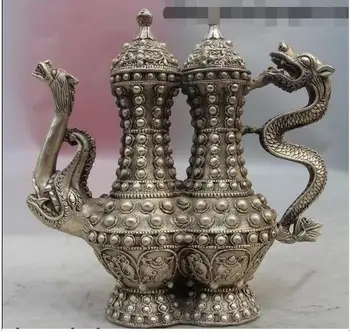

decoration copper silver factory outlets China Tibet Silver Dragon Eight treasures Bottle Flagon Wine Pot Teapot Statue