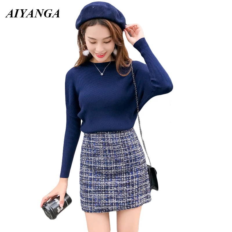 2019 New Fashion Autumn Sexy O-Neck Full Sleeve Sweaters Pullovers + High Waist Woolen Mini Skirt Two Piece Set Women Tracksuit photo