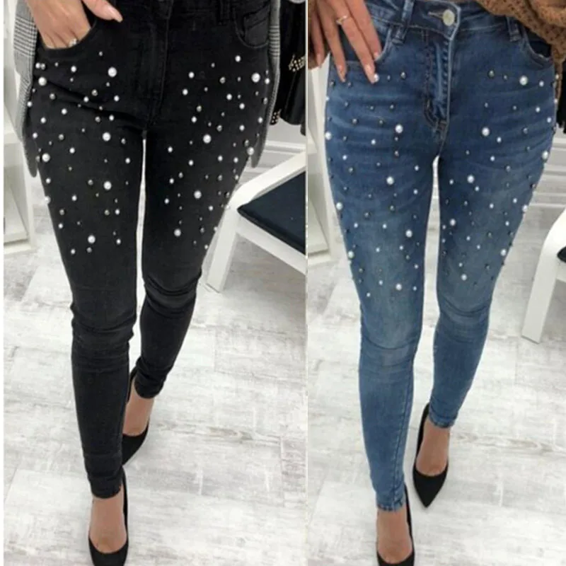 

Spring Autumn Women Jeans High Waist Stretch Denim Pencil Pants Casual Slim Fit Rivet Pearl Trousers GDD99